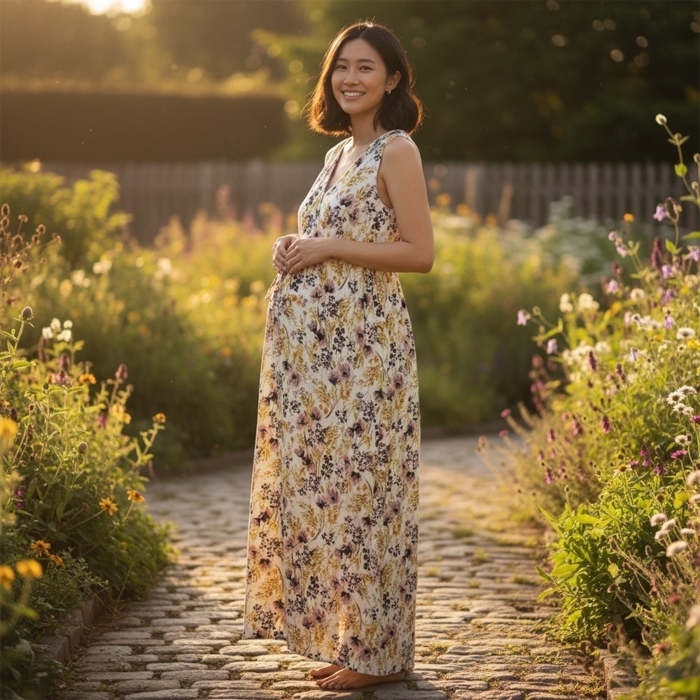 Women's XS MATERNITY Cottagecore Maxi Floral Soft V-Neck Sleeveless Dress